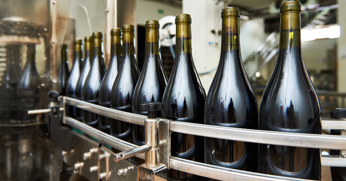 A line of dark-colored wine bottles are on a conveyor belt for wine bottling production. The bottles do not have labels.
