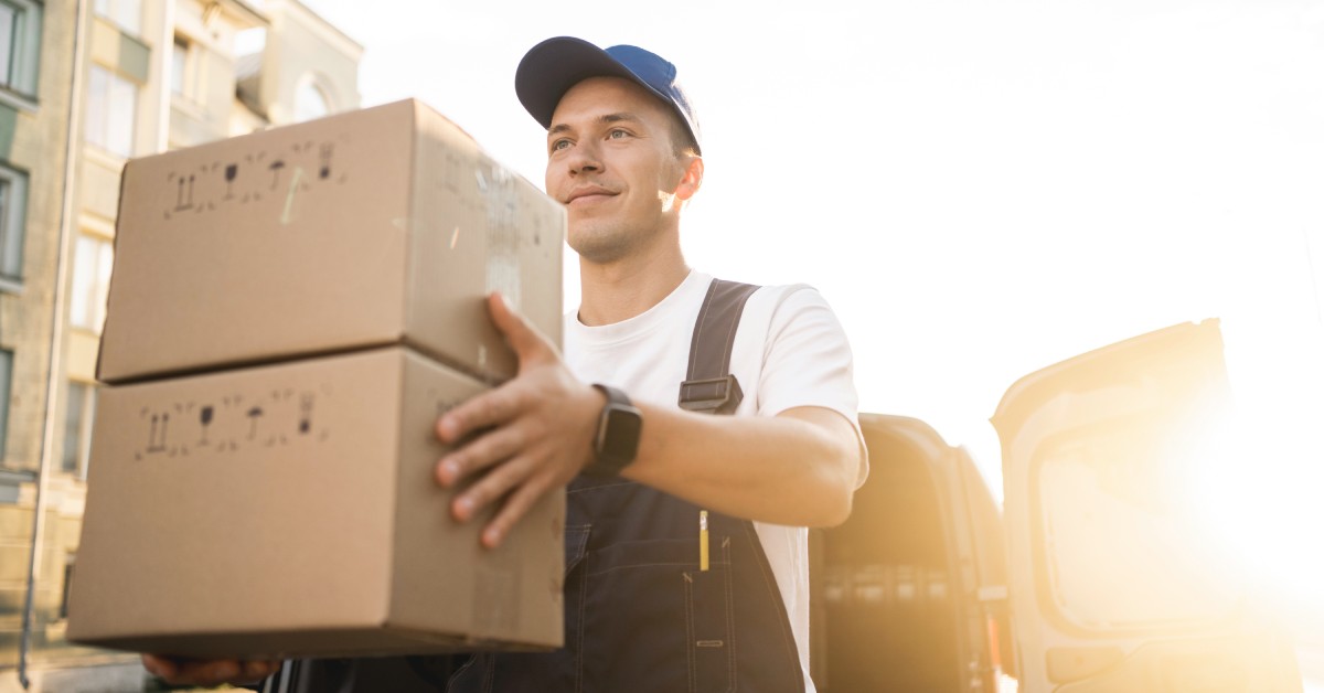A man in black overalls and a blue baseball cap carries two small moving boxes stacked on each other.